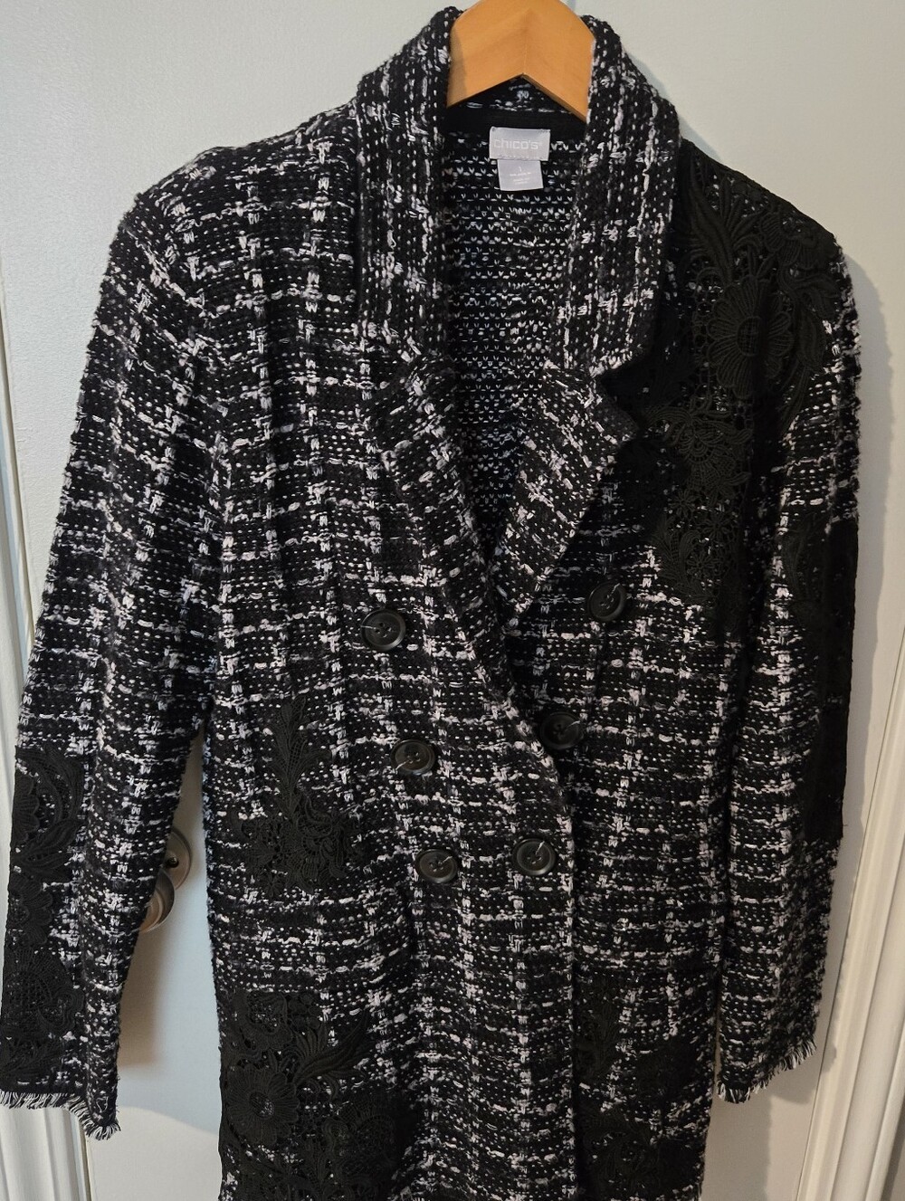 Chico's Black & White Tweed Double-Breasted Pea Coat with Lace Appliqué